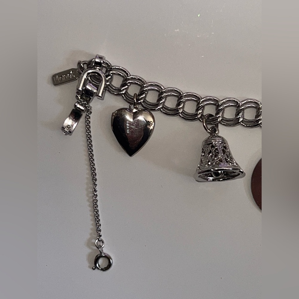 Monet Vintage Silver Charm Bracelet Mechanical Piano and Sterling Silver Charms - Picture 8 of 17